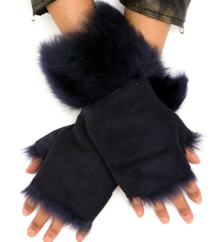 Womens Shearling  Mittens Fingerless Cuffs Toscana Suede Sheepskin Fur - Navy