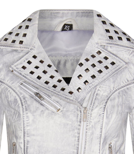 Womens Gothic Biker Leather Jacket with Studs-Bilbao - White