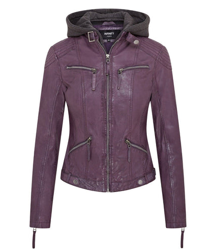 Womens Hooded Classic Biker Jacket - Brazzaville - Purple
