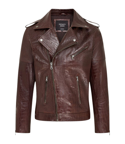Mens Brown Cow Leather Alligator Print Embossed Biker Jacket - Rot