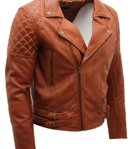 Mens Quilted Leather Biker Jacket-Bordeaux - Tan