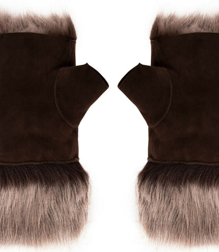 Womens Shearling  Mittens Fingerless Cuffs Toscana Suede Sheepskin Fur - Brown Silver