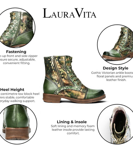 Laura Vita Women's Green Floral Victorian Leather Lace-up Ankle Boots - Anitao - 11