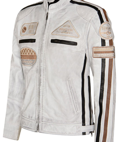 Mens Racing Leather Biker Jacket-Portland - White