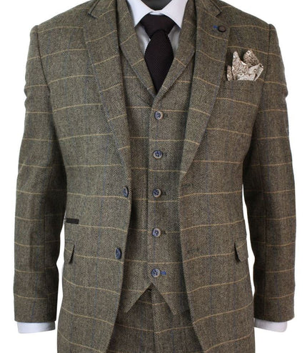 Mens 3 Piece Tan Brown Check Tweed Herringbone Vintage Classic Suit