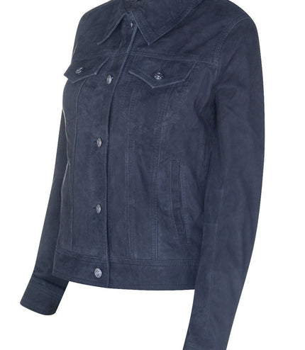 Womens Goat Suede Trucker Jeans Jacket-Astoria - Navy