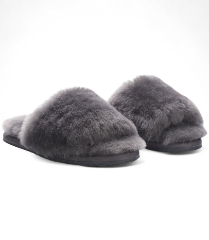 Women's Sheepskin Slippers Grey Warm Winter Fur Sliders - Nordic