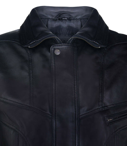 Mens Classic Harrington Bomber Leather Jacket-Minsk - Black