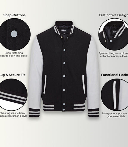 Letterman Baseball Wool Leather Varsity Bomber Jacket - Genoa - Black/Grey
