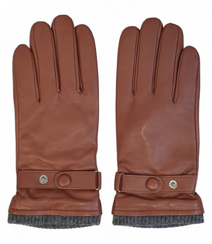 Men's Tan Brown Italian Leather Warm Wool Lining Winter Knit Rib Gloves - M-LGV-105