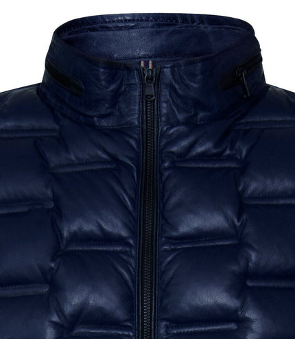 Men's Puffer Quilted Bomber Leather Jacket - Recife - Navy