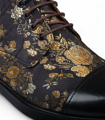 Justin Reess Men's Black Floral Print Leather Oxford Ankle Boots - Adam
