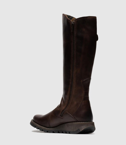 Fly London Womens Brown Mol 2 Leather Wedge Heel Knee High Zip Up Boots
