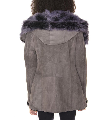 Womens Grey Suede Hooded Merino Sheepskin Coat-Monrovia
