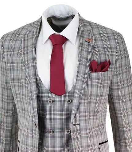 Mens 3 Piece Grey Check Retro Vintage Classic Suit
