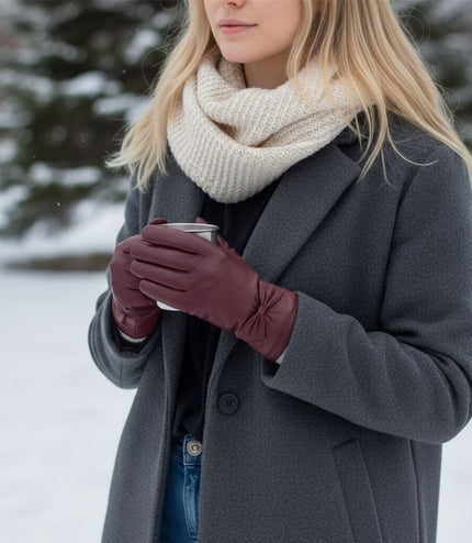 Womens Burgundy Red Italian Leather Winter Bow Design Soft Wool Lining Gloves - L-GLV-401
