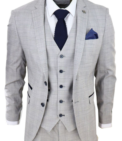 Mens Grey 3 Piece Tan Brown Check Tailored Fit Suit