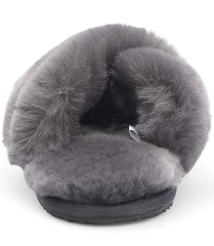 Women's Sheepskin Slippers Grey Warm Winter Fur Crossover - Snowbelle