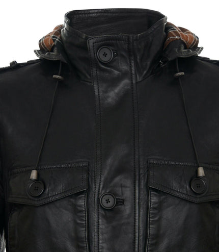 Mens Leather Hooded Trench Coat-Medellin - Black