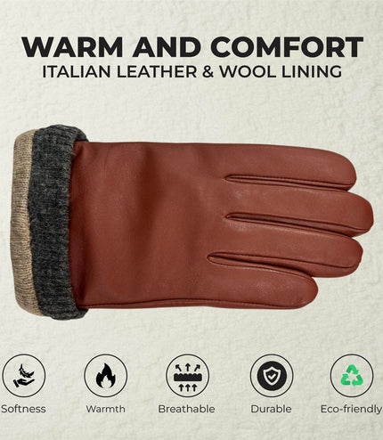 Men's Tan Brown Italian Leather Warm Wool Lining Winter Knit Rib Gloves - M-LGV-105