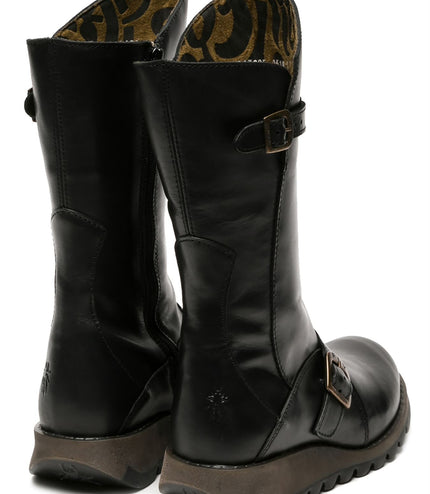 Fly London Womens Black Mes 2 Wedge Heel Buckle Mid-Calf Leather Zip Platform Boots