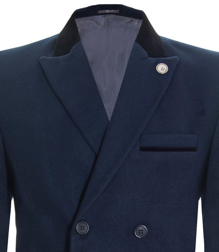 Mens 3/4 Long Double Breasted Navy Overcoat Wool Coat Peaky Blinders