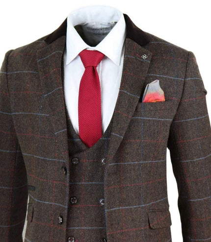 Mens 3 Piece Dark Brown Check Tweed Herringbone Vintage Classic Suit