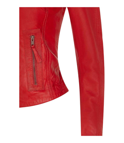 Womens Slim-Fit Leather Biker Jacket-Maldon - Red