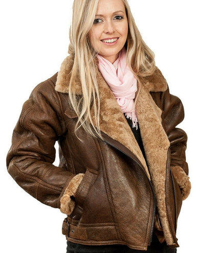 Womens B3 Sheepskin Leather Flying Jacket-Bergamo - Brown Ginger