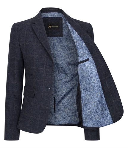 Women's Navy Tailored Fit 2 Piece Set Tweed Formal Blazer Waistcoat