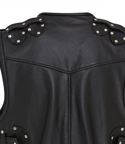 Men's Black Biker Leather Waistcoat Metal Buckles Vest - Coolgardie