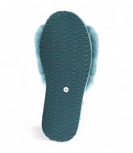 Women's Sheepskin Slippers Teal Warm Winter Fur Sliders - Nordic