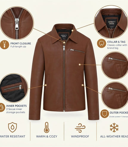 Mens Leather Tan Harrington Collar Biker Jacket - Arick