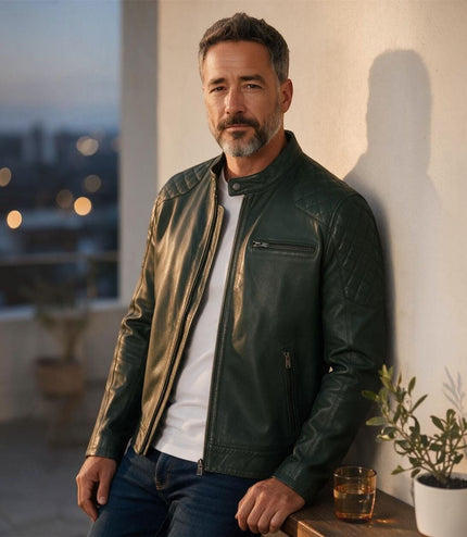 Mens Green Leather Quilted Shoulder Biker Jacket - Rock