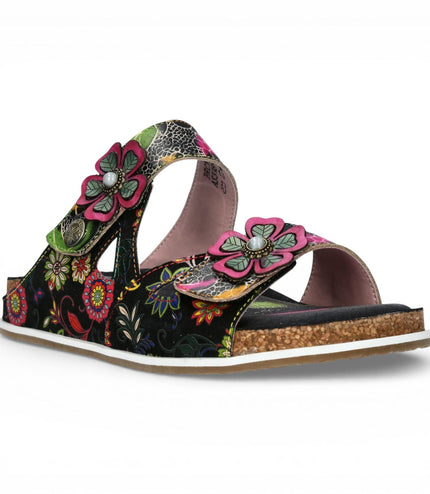 Laura Vita Women's Brcyano 32 Black Floral Leather Strappy Slipper Sandals