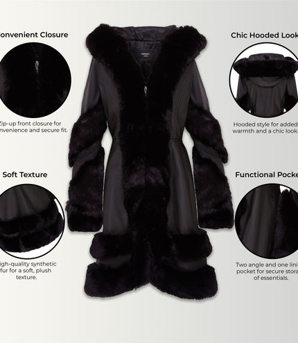 Womens Flared Black Luxury Leather Hooded Cape Coat With Fur