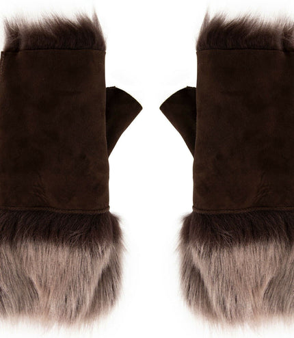 Womens Shearling  Mittens Fingerless Cuffs Toscana Suede Sheepskin Fur - Brown Silver