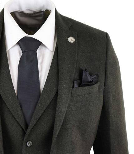 Mens 3 Piece Olive Green Wool Tweed Vintage Retro Suit