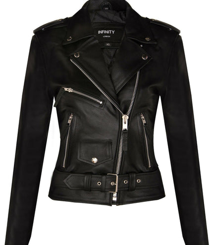 Women's Cowhide Brando Leather Biker Jacket-Murcia - Black