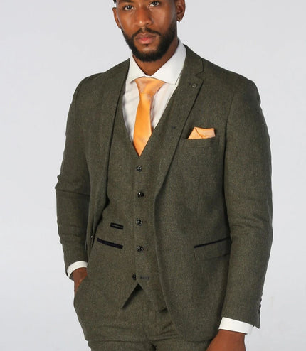 Men's Olive Green Wool Blend Tweed Formal Suit