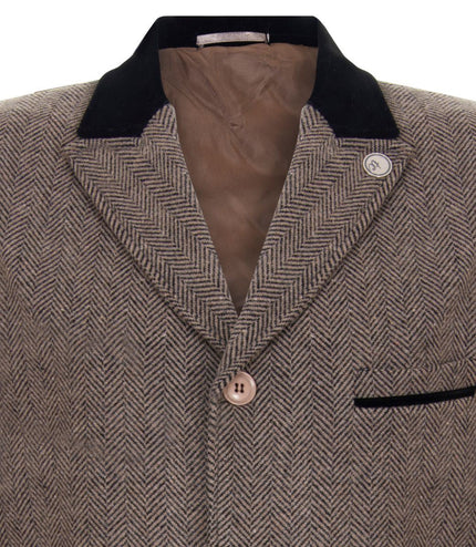 Mens 3/4 Brown Long Overcoat Jacket Herringbone Tweed Coat Peaky Blinder