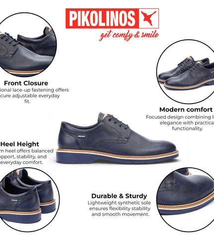 Pikolinos Men's Blue Leather Lace-Up Derby Comfort Shoes - Claret