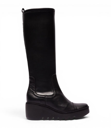 Fly London Womens Black Leather High Wedge Heel Long Boots - BUDI603