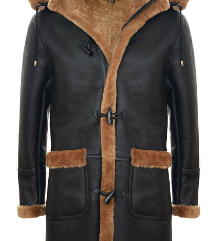 Mens Winter Sheepskin Hooded Duffle Coat-Helsinki - Brown Ginger