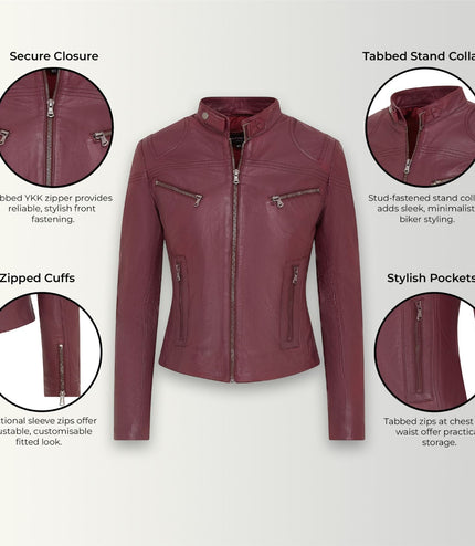 Womens Slim-Fit Leather Biker Jacket-Maldon - Burgundy