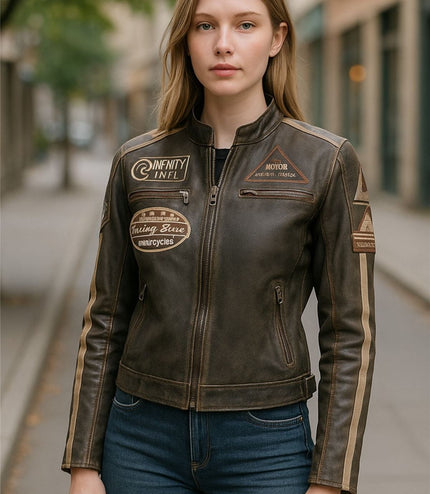 Womens Biker Racing Badges Leather Jacket-Eastleigh - Baby Blue