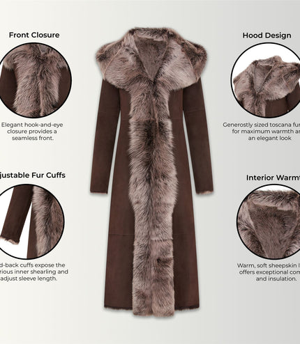 Womens Suede Toscana Sheepskin Hooded Trench Coat-Rushden - Brown Silver