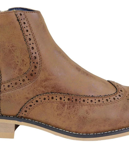 Mens Tan Leather Brogue Zip Up Chelsea Boots