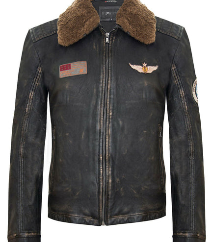 Mens Badged Vintage Black Leather Bomber Jacket-Tunis