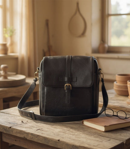 Genuine Leather Black Vintage Crossbody Messenger Travel Bag - Ashby